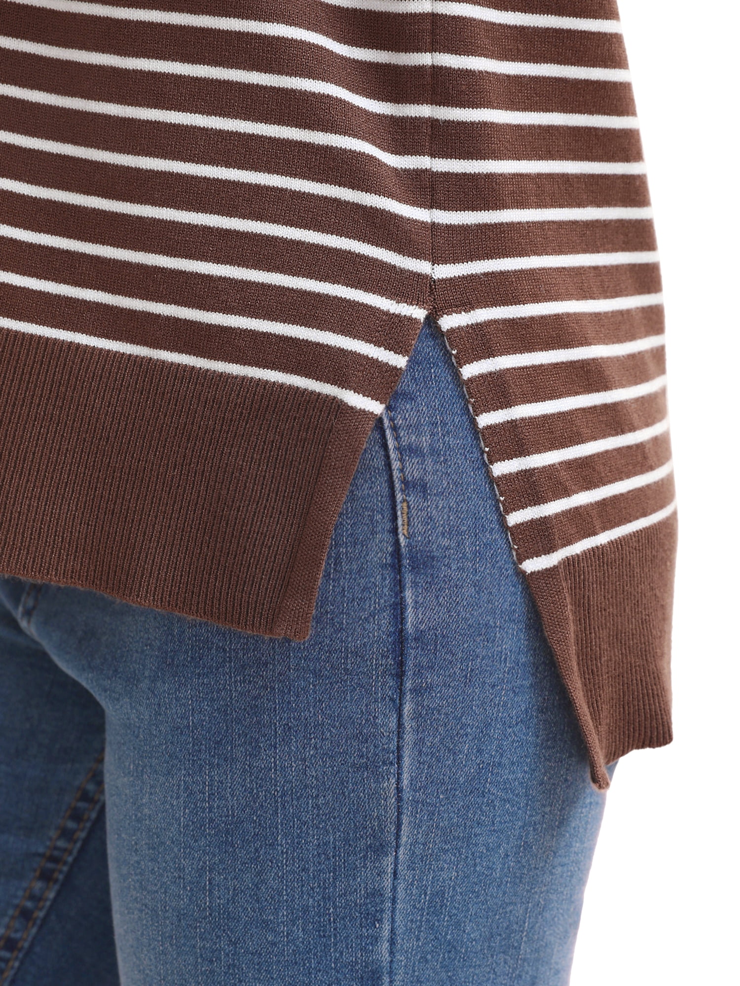 DARING DIVA Women's Striped Side Slits Long Sleeve Pullover Knit Tops L Brown-white