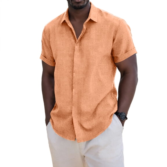 Cheytotty Mens Linen Blouse Button Down Short Sleeve Dress Shirt Solid Color Turndown Tee Vacation Orange Xl