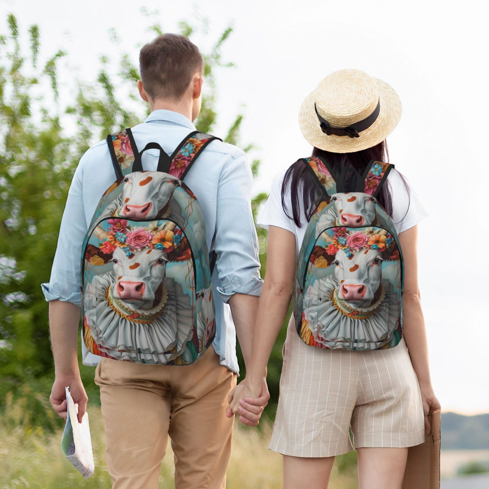 Picia Vintage Colorful Floral Cow Printed Canvas Daypack - Stylish and Durable Vintage Compact Backpack - Class, Work, Travel, or Laptop Bookbag,Organized Compartments-Medium