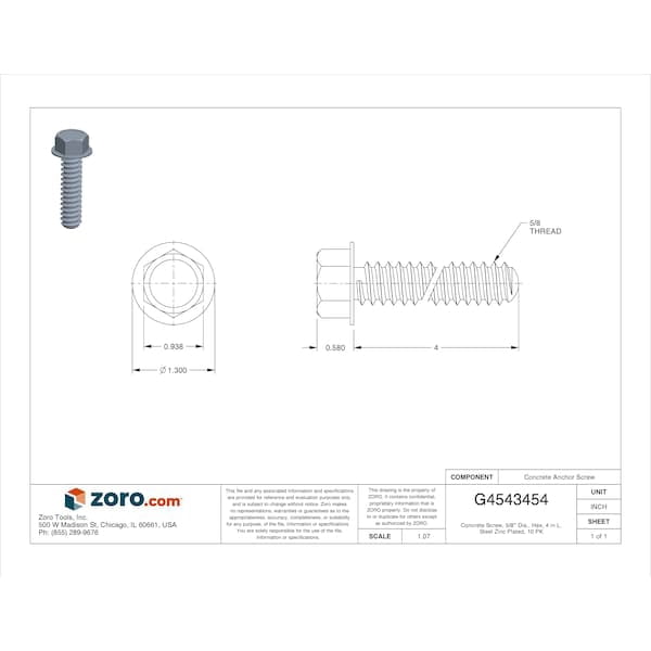 Concrete Screw, 5/8" Dia., Hex, 4 in L, Steel Zinc Plated, 10 PK U70520.062.0400