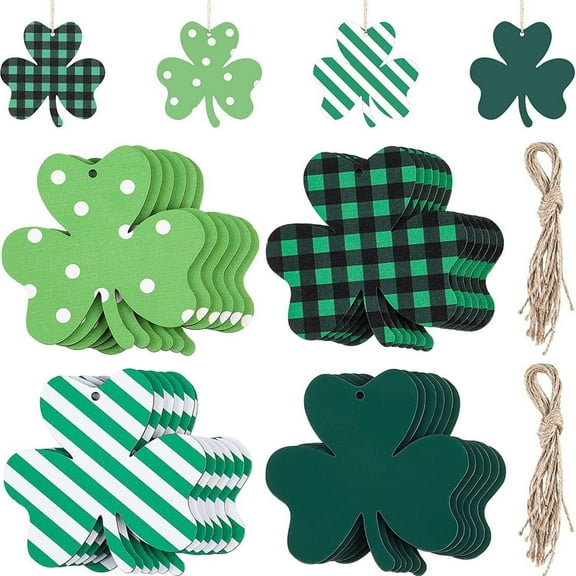 St. Patrick's Day Wooden Ornaments, Set of 24 Shamrocks for Hanging Decor, 3.15" Irish Themed Craft for Home and Party Decoration