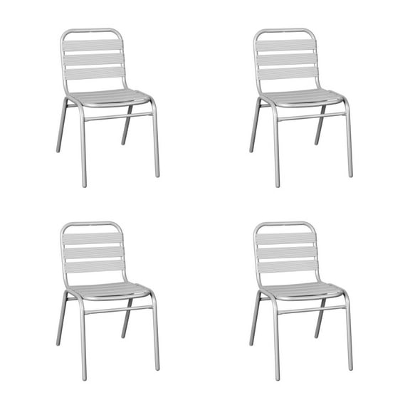 4 PACK Outdoor Patio Stackable Restaurant Armless Chair with Silver Metal Frame and Aluminum Slats