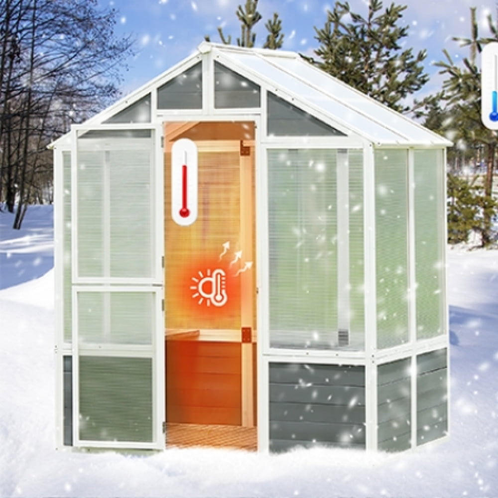 6×4FT Walk-In Wooden Greenhouse with Polycarbonate Panels & Front Door, Outdoor Plant House for Patio & Backyard