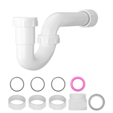 KFFKFF 1-1/2 Inch P-Trap Sink Drain Kit with Threaded Adapter and Leak-Resistant Washers, Durable PP Plastic Basin Waste Pipe for Kitchen and Bathroom Plumbing, White