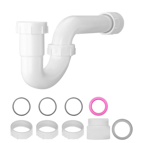 KFFKFF 1-1/2 Inch P-Trap Sink Drain Kit with Threaded Adapter and Leak-Resistant Washers, Durable PP Plastic Basin Waste Pipe for Kitchen and Bathroom Plumbing, White