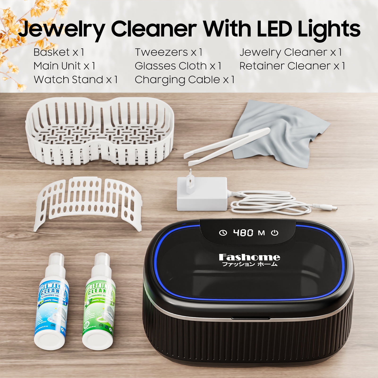 Professional Ultrasonic Jewelry Cleaner with Solution, 20oz 550ML Sonic Cleaner for Silver, Gold, Diamond Rings, Necklaces, Retainers, Eyeglasses, Dentures, 304 Stainless Steel Tank with Lights