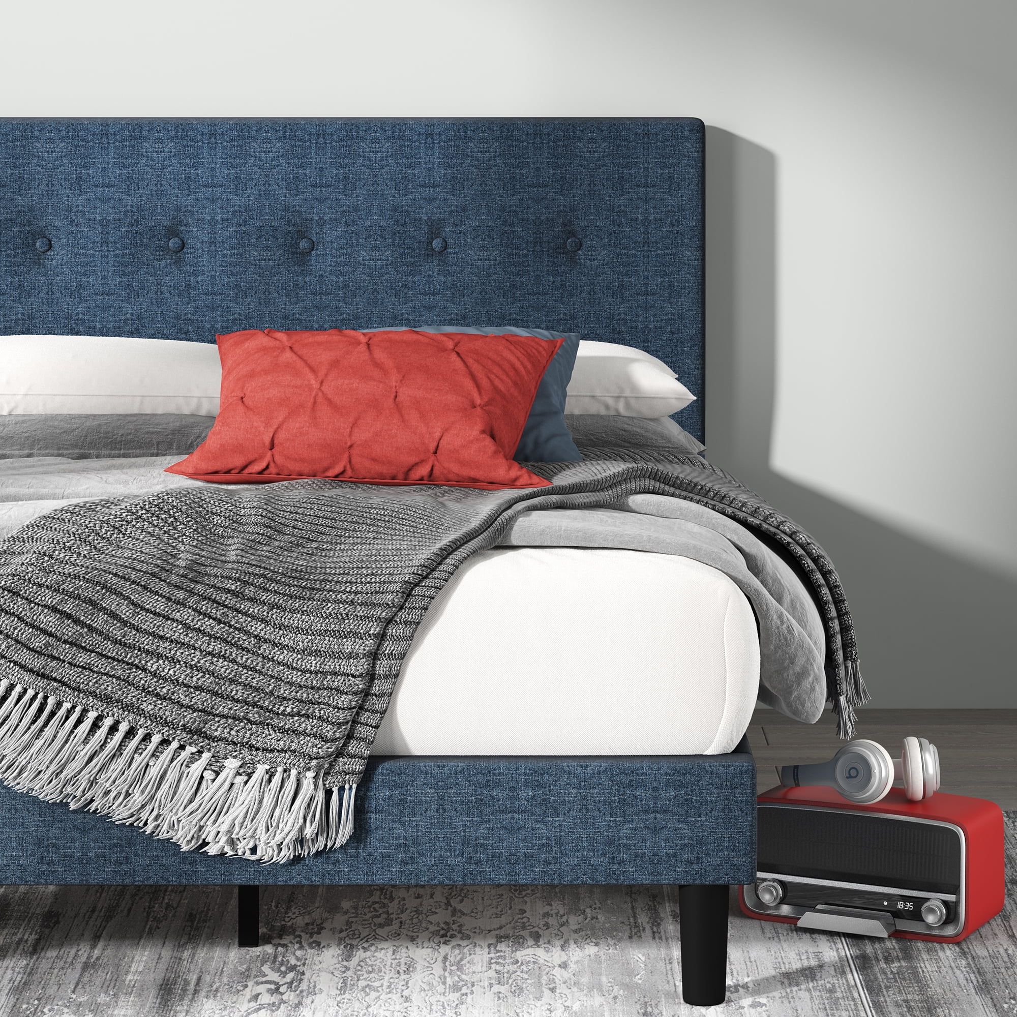 Zinus Omkaram 47" Upholstered Navy Platform Bed, Queen