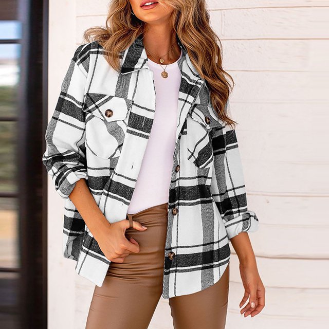 Puntoco Mujer Casual Manga completa Estampado a cuadros Turndown Collar Outwear Chaquetas Liquidación Puntoco Puntoco-2624