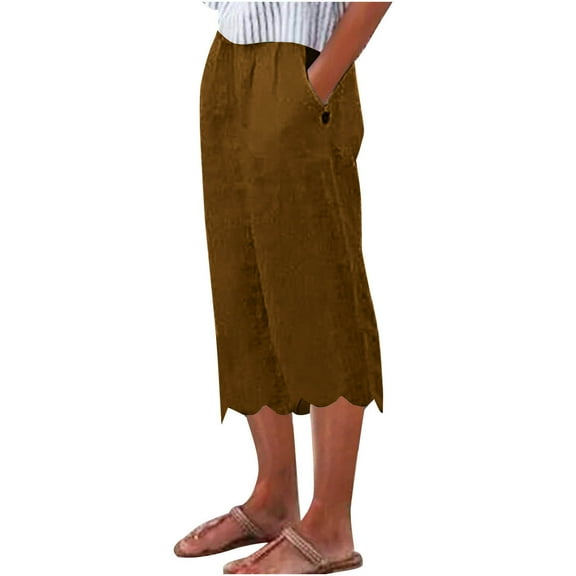 MIUOWANP Women's Cropped Pants Elastic Waist Solid Color with Pockets Lace Trouser Cuffs Wide Leg Pants Size XXL(12)Coffee
