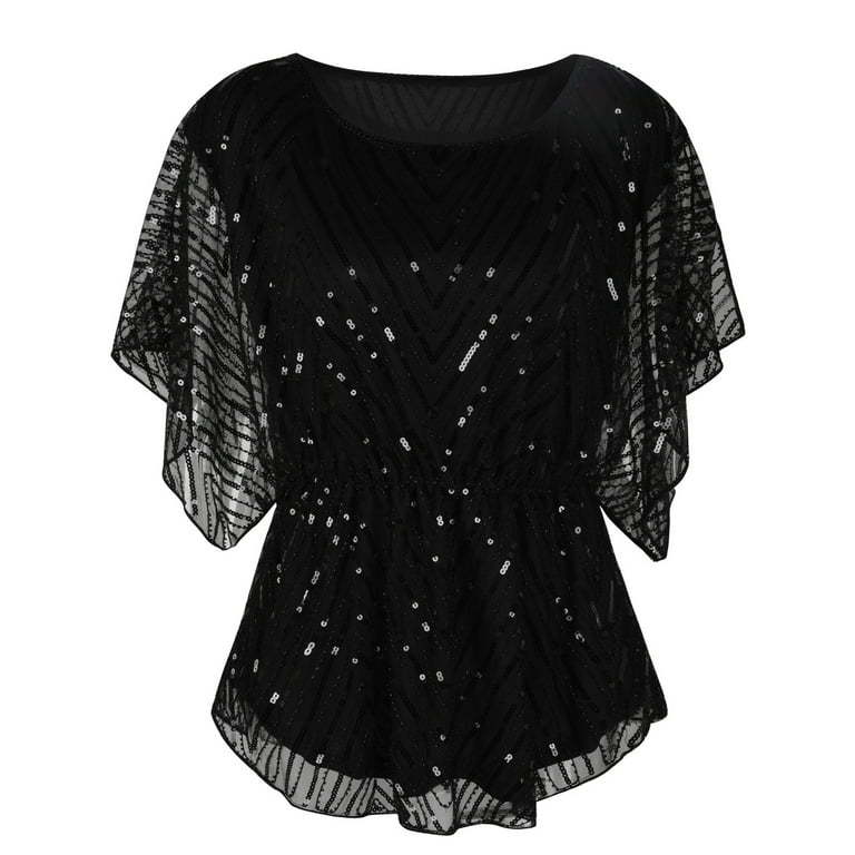 PrettyGuide Women's Sequin Blouse Tops Sparkly Beaded Evening Formal Party  Dressy Tops, Medium