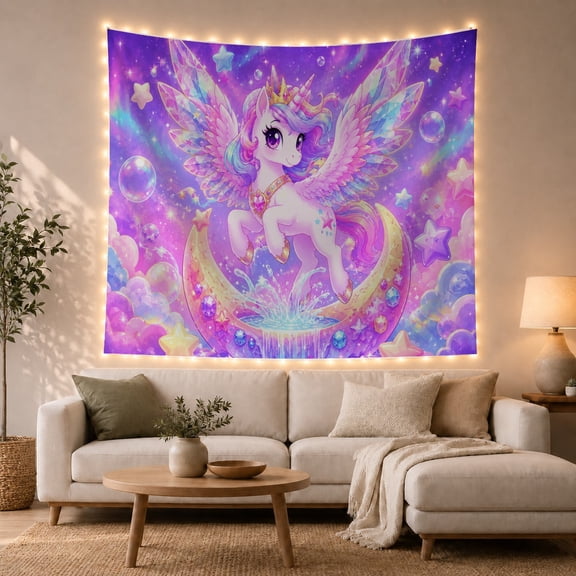 Winged Unicorn on Crescent Moon in Cosmic Nebulae, Dreamy Fantasy for Teen Girls, Celestial Home Decor Art, Birthday Gift Tapestry Wall Hanging for Bedroom and Dorm