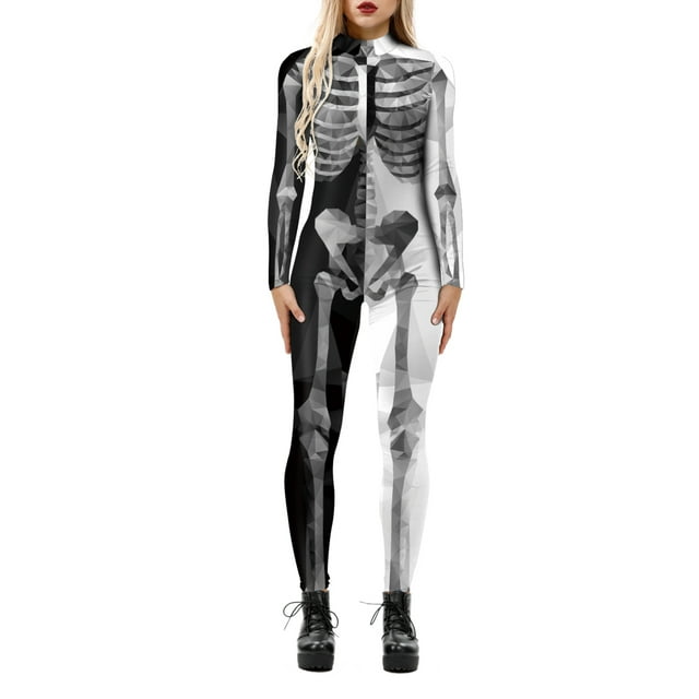 TheFound Justaucorps Squelette d'Halloween pour Femmes à Manches Longues, Pantalon, Col Roulé