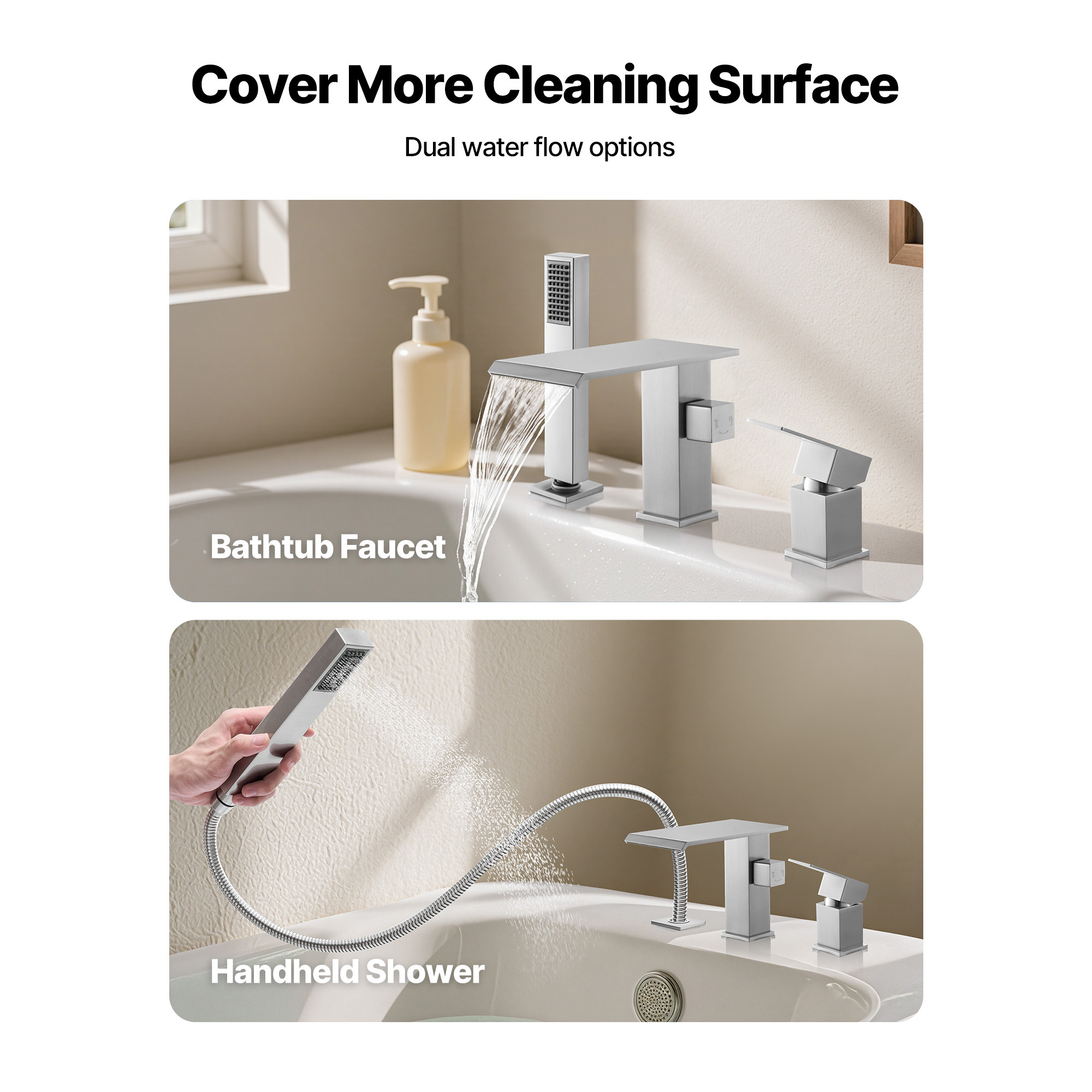 KFFKFF Roman Tub Faucet Set, 3-Hole Waterfall Bathtub Fixture with Shower Head & Single Handle, Deck-Mounted Bath Faucet for Comfortable Bathing, Brushed Stainless Steel, Leak-Resistant