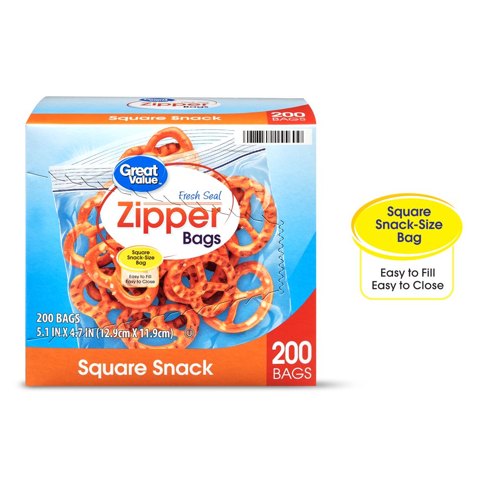 Great Value Zipper Square Snack Bags, 200 Count