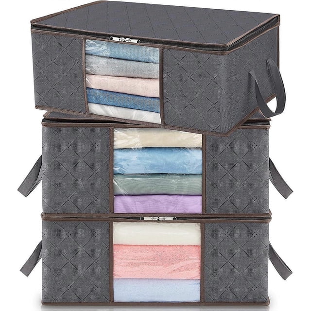 Foldable Under Bed Storage Box, Quilt Storage Cover Closet Organizer, Clear Window Solid Fabric for Clothes, Gray