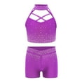 thumbnail image 3 of Mufeng Girls Gymnastics Ballet Dancewear 2Pcs Shiny Rhinestone Crop Top And Shorts Set Dance Stage Performance Outfit Purple 12, 3 of 5