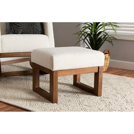 Baxton Studio Yashiya Mid-Century Modern Off-White Boucle Upholstered and Walnut Brown Finished Wood Ottoman Footstool