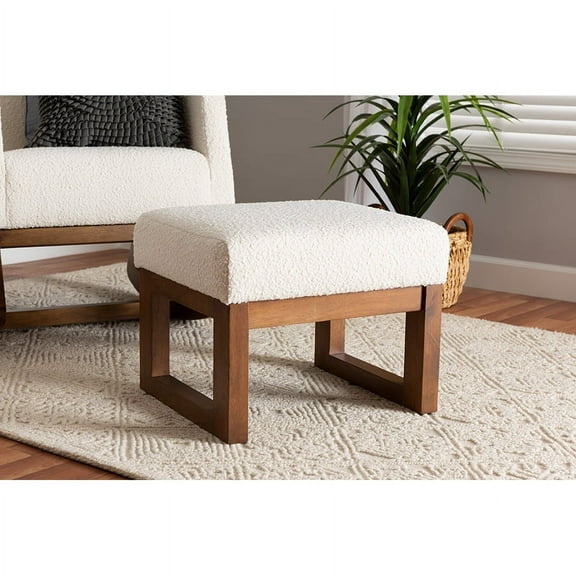 Baxton Studio Yashiya Mid-Century Modern Off-White Boucle Upholstered and Walnut Brown Finished Wood Ottoman Footstool