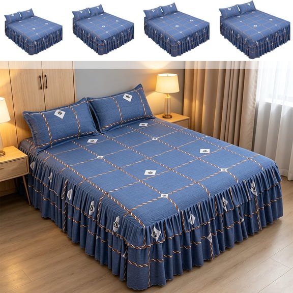 ufehgfjh Fitted Sheet Fitted Sheets Bed Skirt with Pillowcases 3 Piece Set Ruffled Bedspread Bed Cover Elastic Bed Sheet with Ruffle Bedroom Decor Soft for Apartment Apartment Rental House