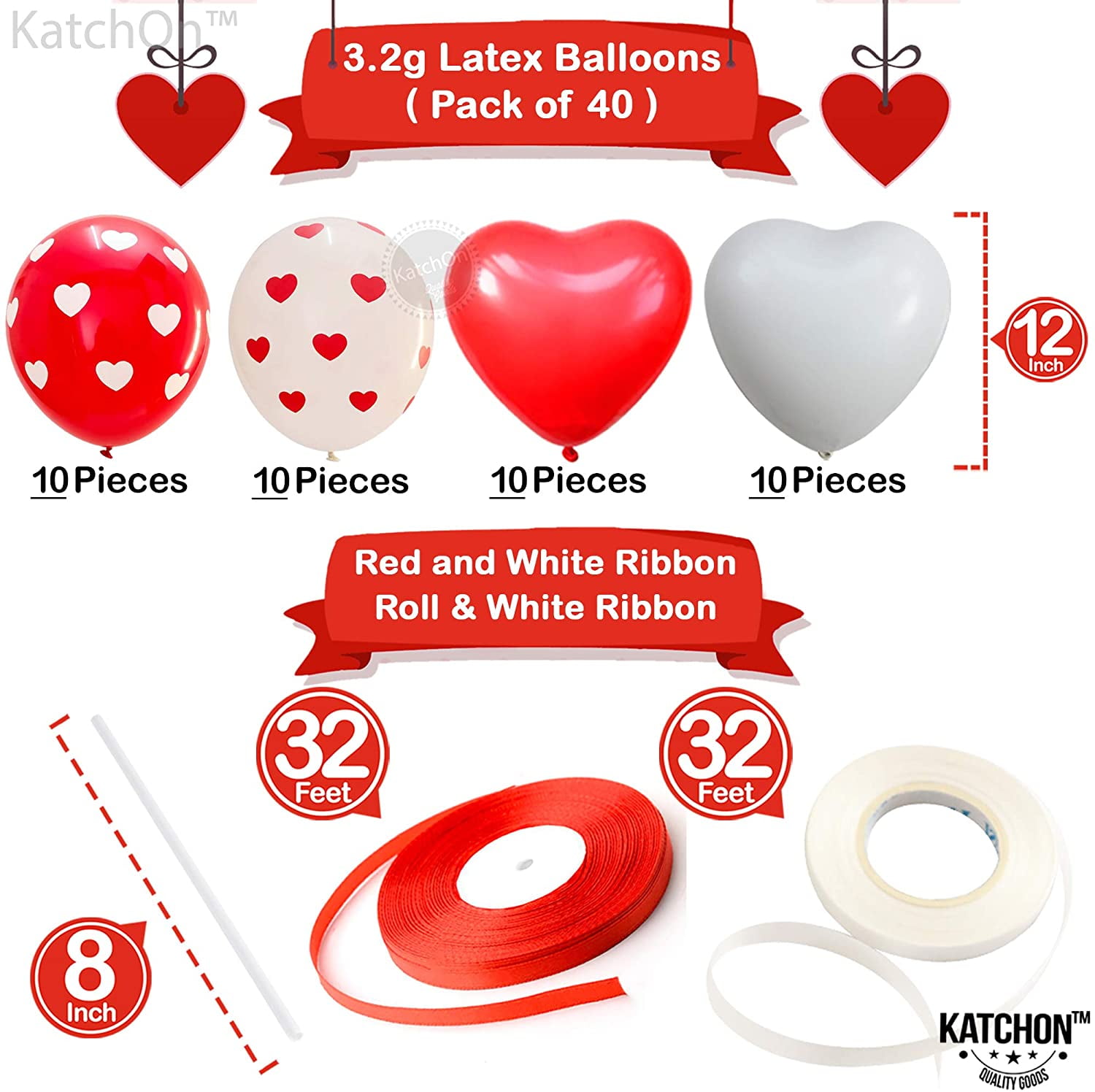 Valentine Balloons Pack of 40 Ballons KATCHON Heart Balloons Decorations Kit for Valentines Day Heart Printed Latex Balloons Valentines Day Decorations Heart Shape Latex Balloons