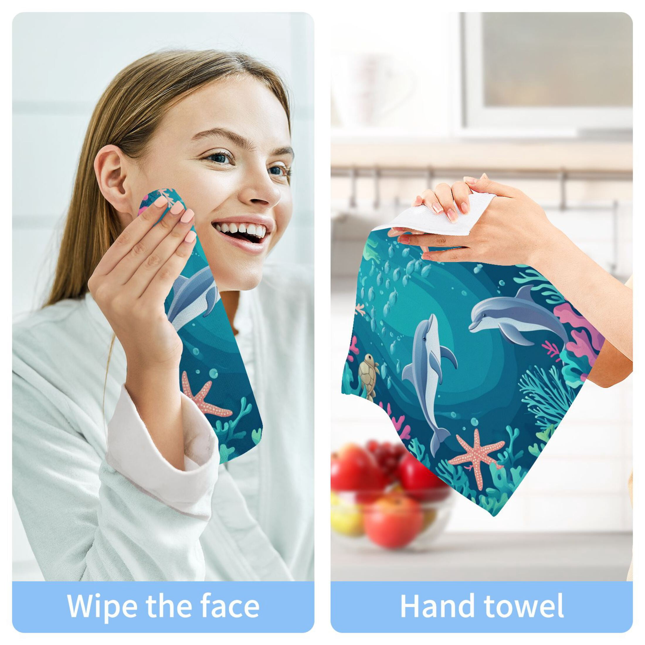 Dolphin Playful Picture 100% Cotton Face Towel 12x12in Soft Absorbent Washcloth Durable Printed Hand Towels for Bathroom Travel 6 Pcs