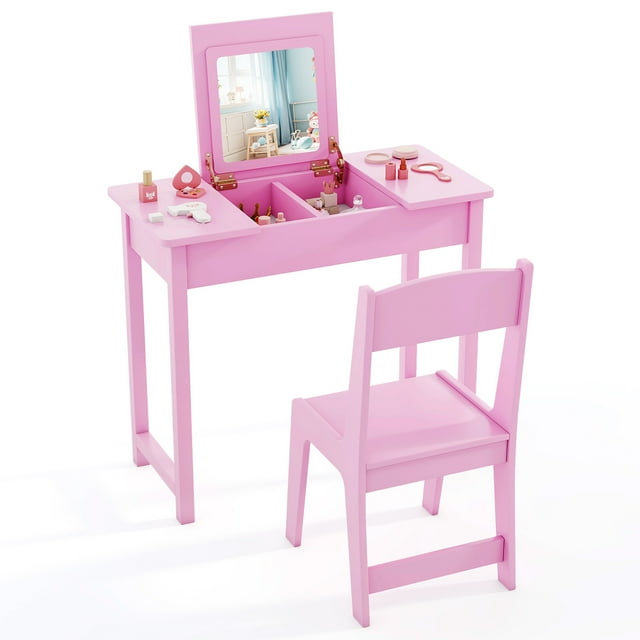 Gymax Kids Vanity Table & Chair Set 2-in-1 Princess Makeup Dressing Desk Set Pink