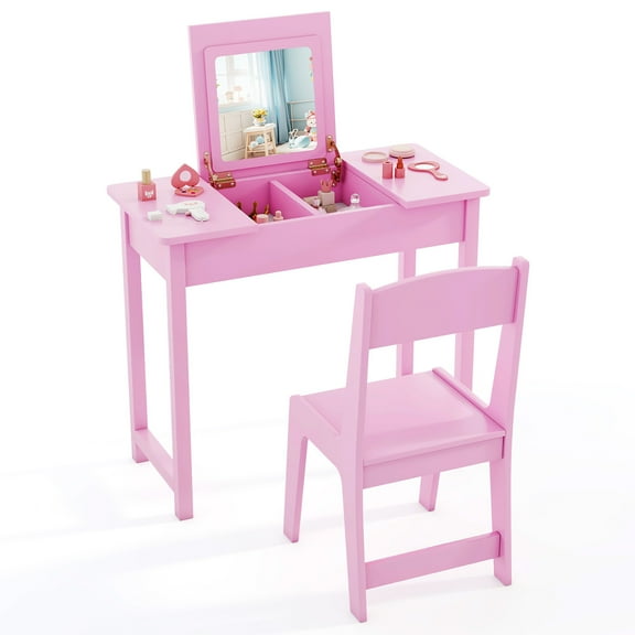 Gymax Kids Vanity Table & Chair Set 2-in-1 Princess Makeup Dressing Desk Set Pink