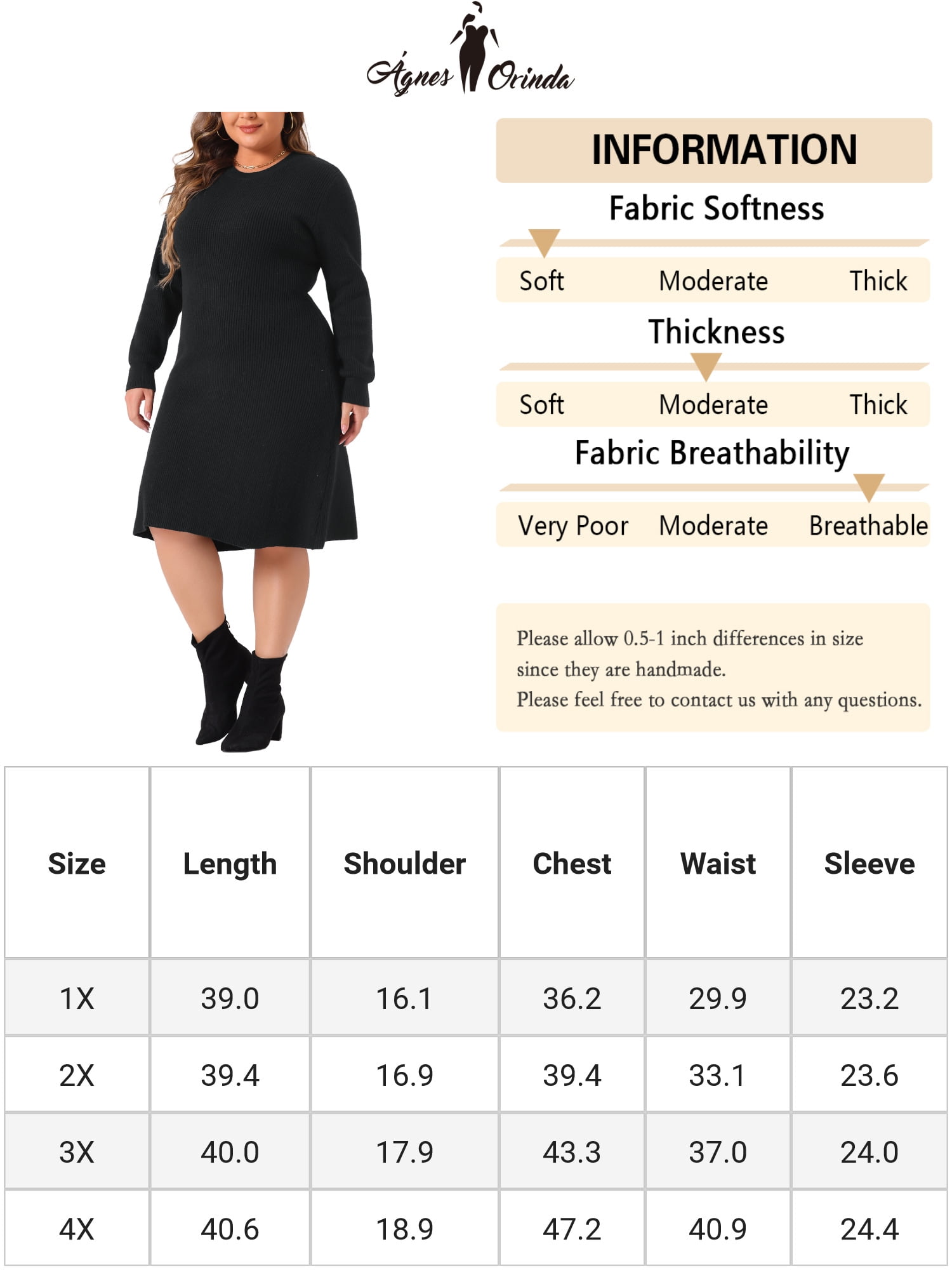 DARING DIVA Plus Size Sweater Fall Crew Neck Long Sleeve Dress 3X Black