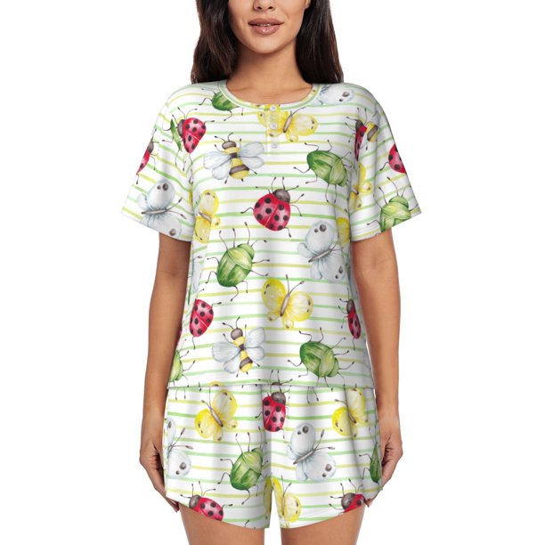 Fotbe Insects Conjunto de Pijama Estampado para Mujer, 2 Piezas, Ropa de Dormir con Camiseta de Manga Corta y Shorts Suaves-Small