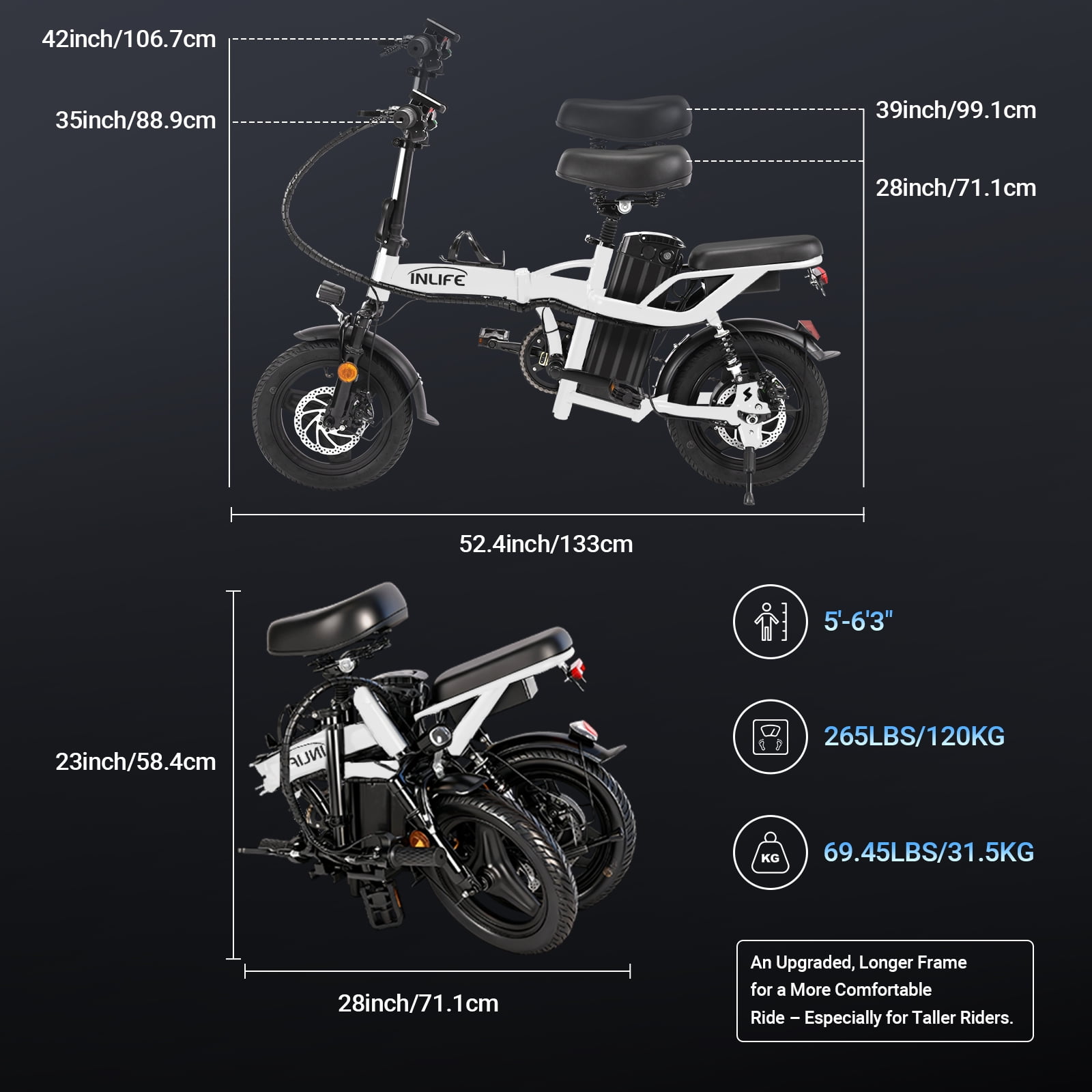 Inlife 14" Folding Electric Bike 15AH Battery Ebike 900W Electric Folding Bicycle 35 Miles Range
