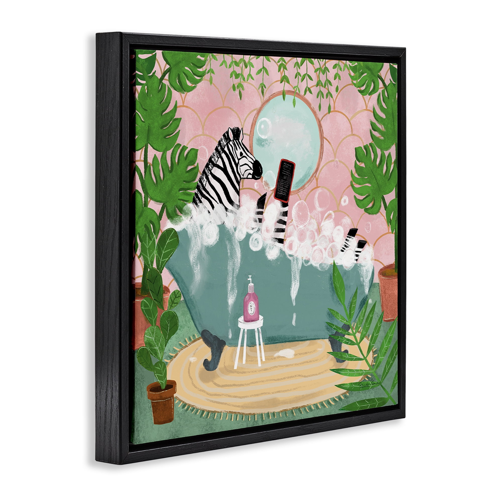Stupell Industries Zebra Fun Bath Time Typography Painting Black Floater Framed Canvas Art Print Wall Art, 18 x 18