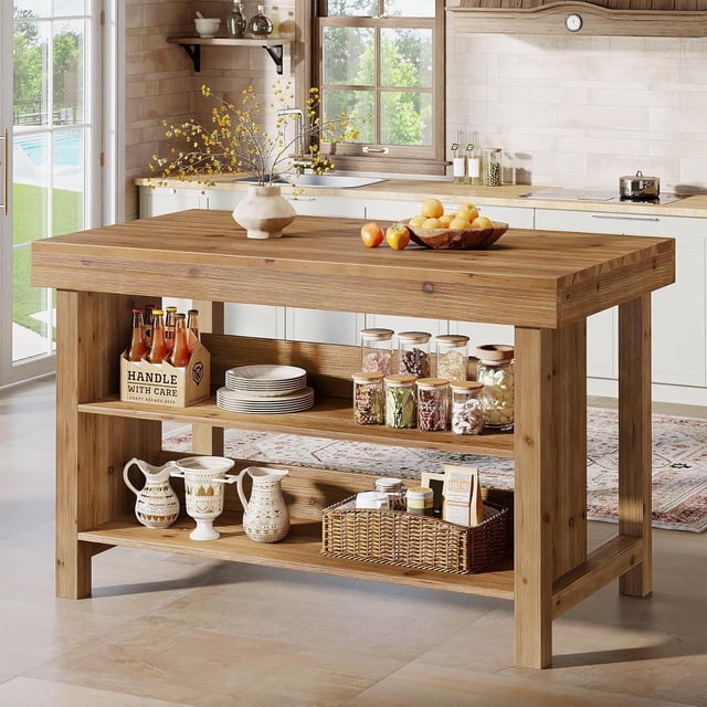 TRIBEWOOD 55-Inch Solid Wood Kitchen Island, 3-Tier Farmhouse Counter Height Table with Open Storage Shelves for Kitchen, Dining Room, Coffee Bar, Brown