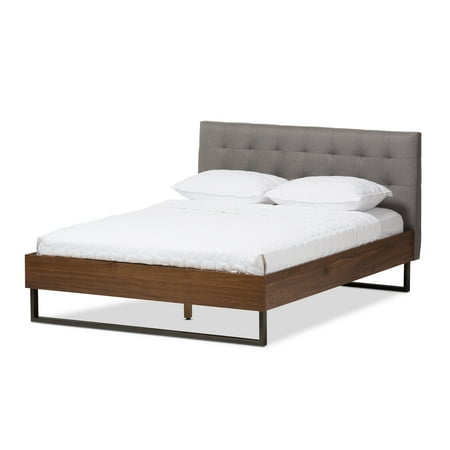 Rustic Industrial Bed Baxton Studio Mitchell Rustic Industrial Walnut Wood Grey Fabric Dark Bronze Metal King Size Platform Bed ()