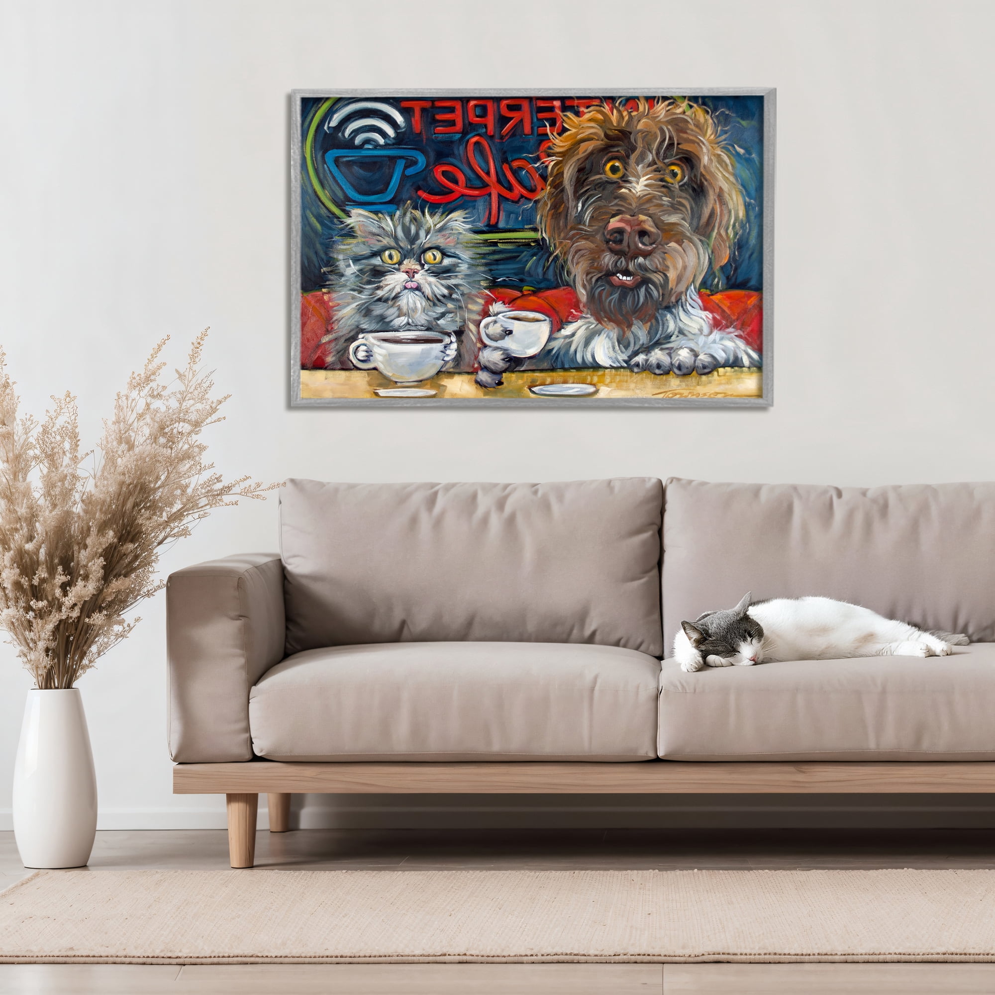 Stupell Industries Pets Wired At The Cafe Gray Framed Giclee Art, design by CR Townsend