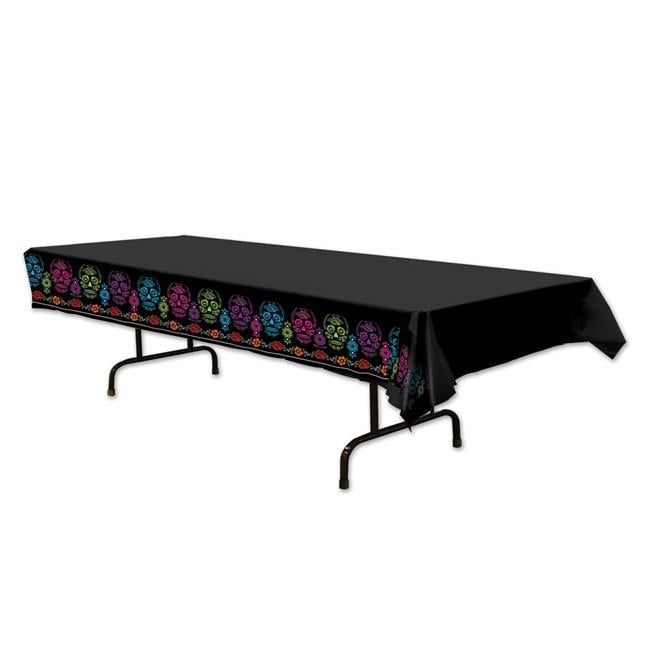 Day Of The Dead Tablecover 54' x 108' Plastic Tablecover, Black Multicolor