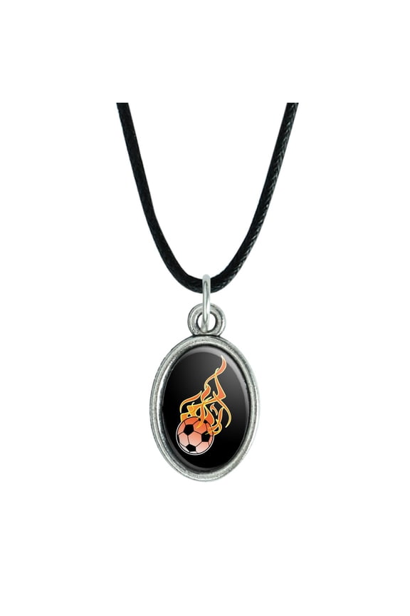 Soccer Ball Football Cartoon Flames Antiqued Oval Charm Pendant with Black Satin Cord