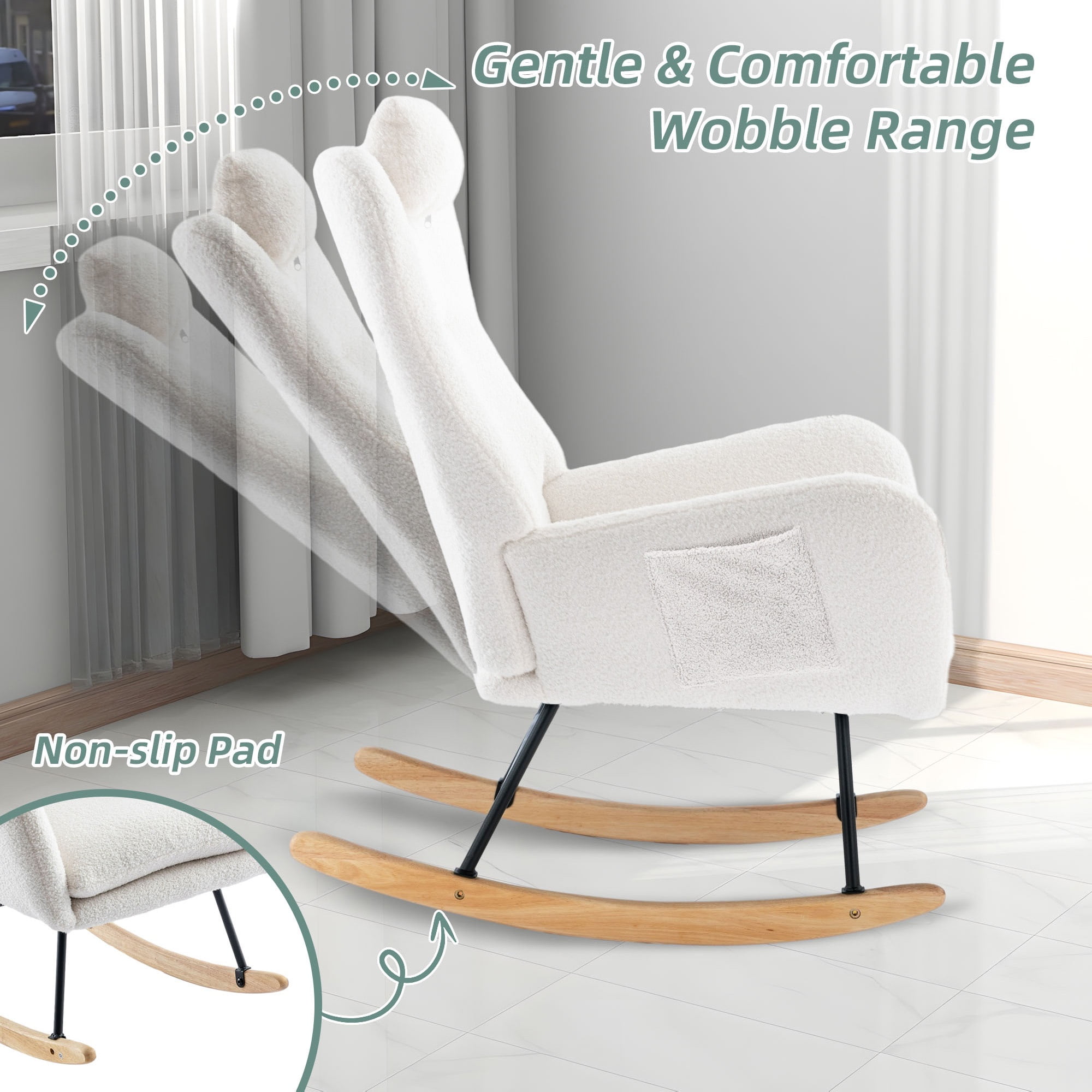 PAPROOS Modern Teddy Fabric Rocking Chair, Accent Rocker Chair with High Backrest for Nursery, Accent Glider Rocker for Living Room Bedroom Playroom, White