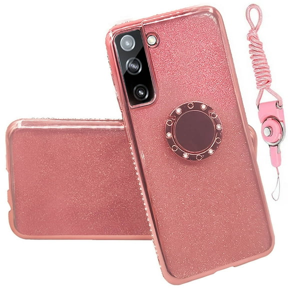 Compatible for Samsung Galaxy S21 5G Case, SOGA Glitter Diamond Rhinestone TPU Phone Cover with Ring Stand and Lanyard Girls Women Cover (Rose Gold)