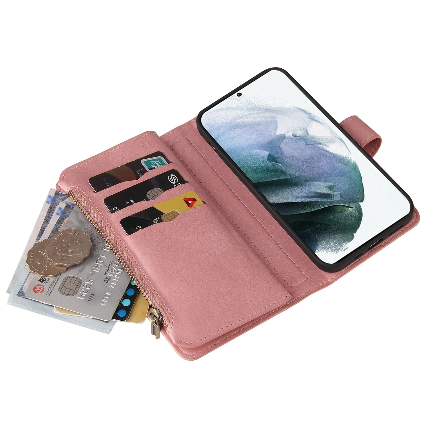 Phone Case for Samsung Galaxy S23, Galaxy S23 Wallet Case, Luxury Folio Flip Leather Cover[Zipper Pocket] [Wrist Strap][Kickstand] for Samsung Galaxy S23 6.1 inch, Pink