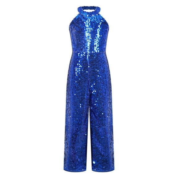 Yartina Girls Sequins Jumpsuit Pageant Romper Wide Leg One Piece Playsuit Royal Blue 14