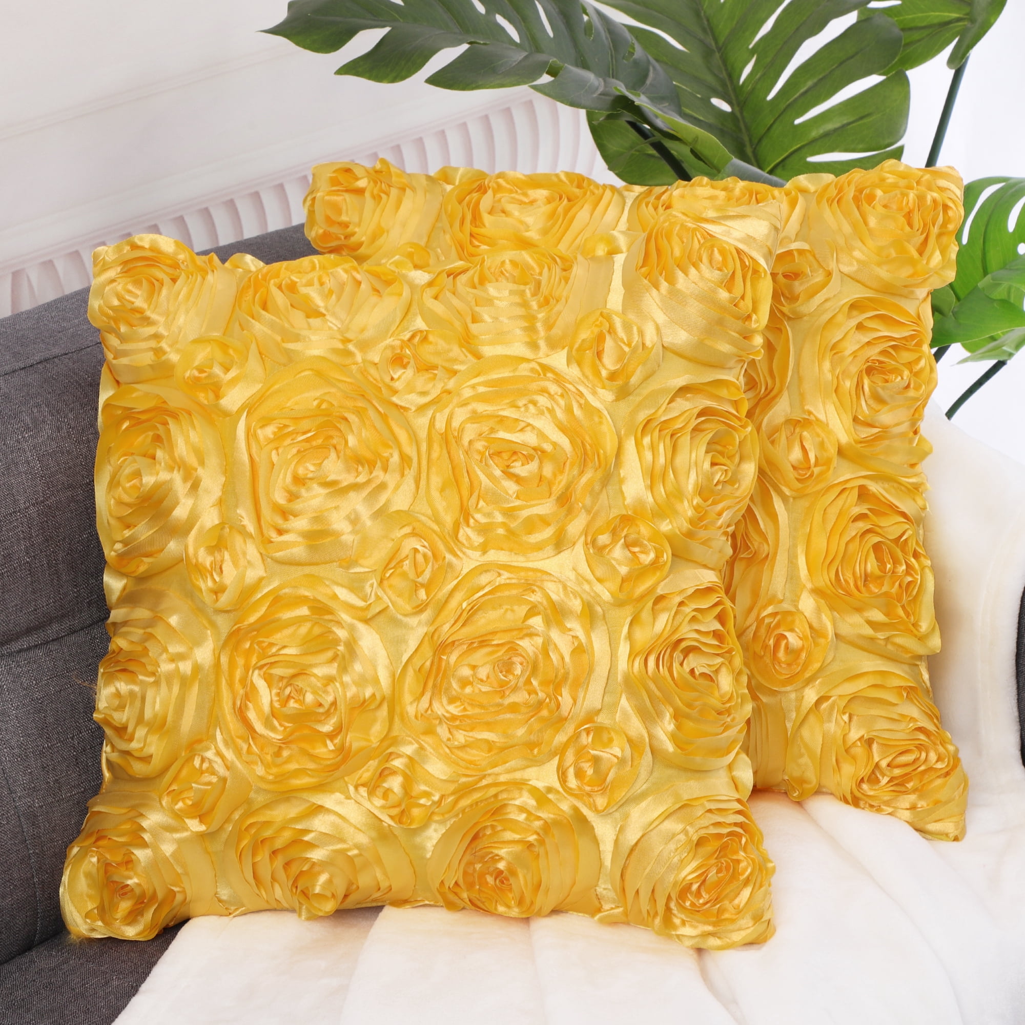 Unique Bargains 2-Pack 3D Flower Decorative Throw Pillow Covers 16" x 16" Gold