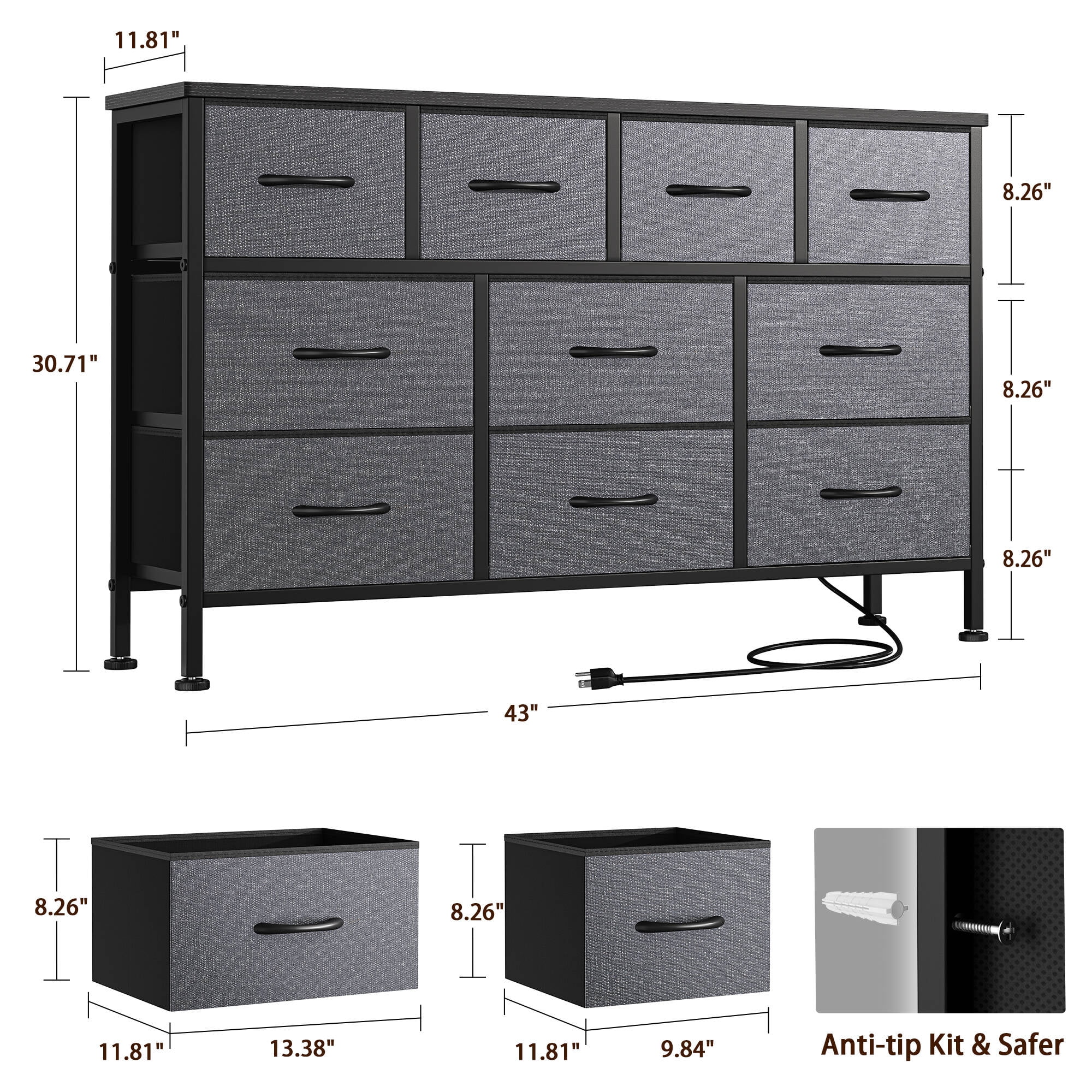 GIKPAL Dresser TV Stand, 10 Drawer Dresser for Bedroom with Power Outlet, Chest of Drawers for 55" Long TV, PU Dresser for Storage and Organization, Gray