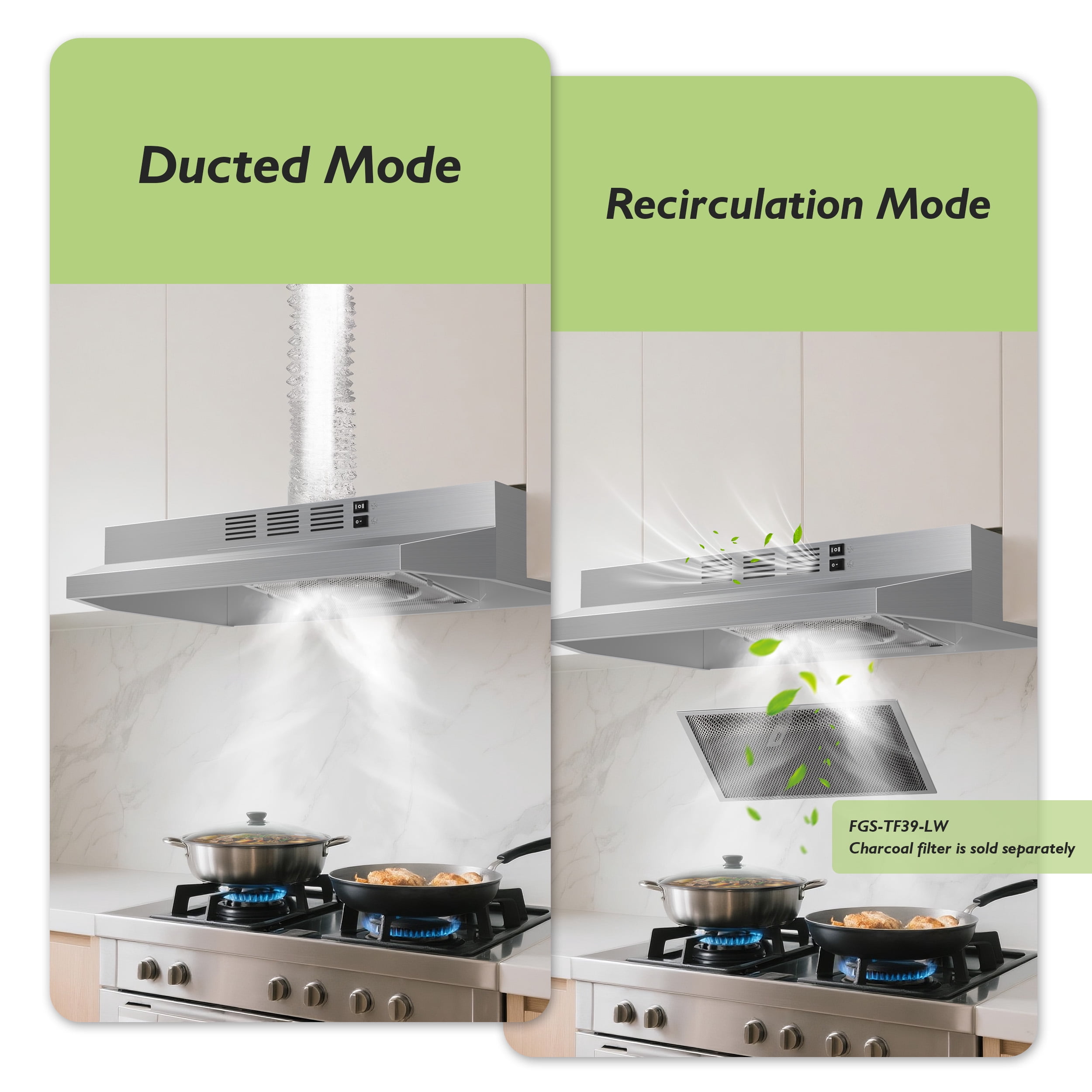 FIREGAS Range Hood 24 inch Under Cabinet Range Hood with 2 Speed Exhaust Fan, 290 CFM,Stainless Steel