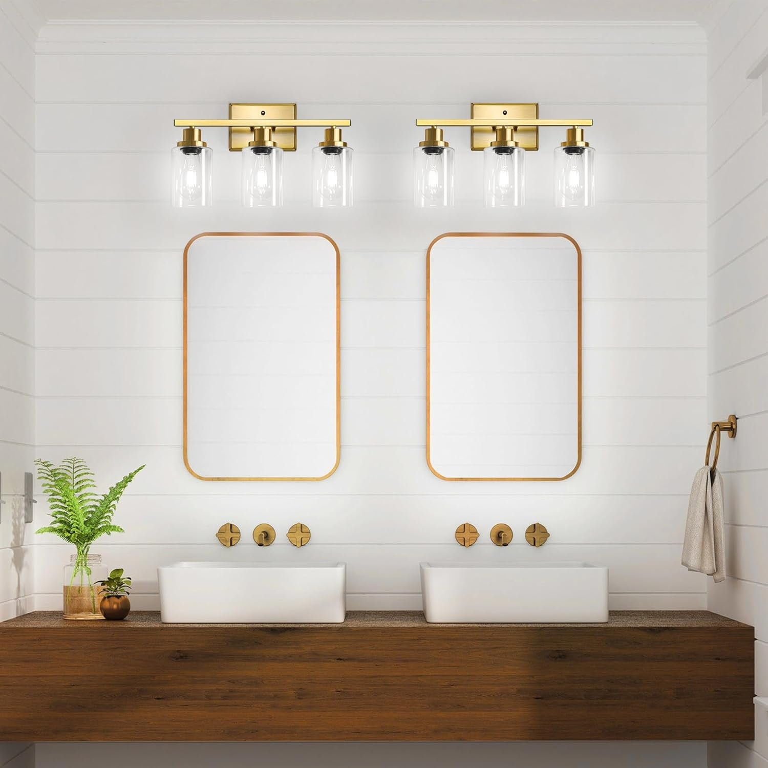 Bathroom Vanity Light Fixtures, 3 Light Wall Sconces Lighting with Clear Glass Shade, Gold Wall Lights for Mirror, Kitchen, Living Room, Gallery, E26 Base (Bulbs Not Included)