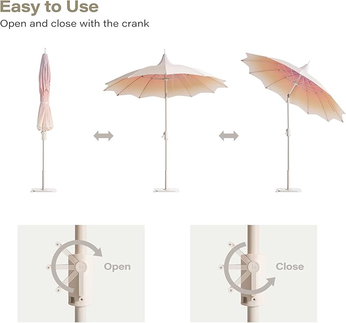 KAMEROUT 9ft Pagoda Patio Umbrella with Petal Shape Canopy, Market Umbrella with Push Button Tilt & Easy Crank, Gradient Beige