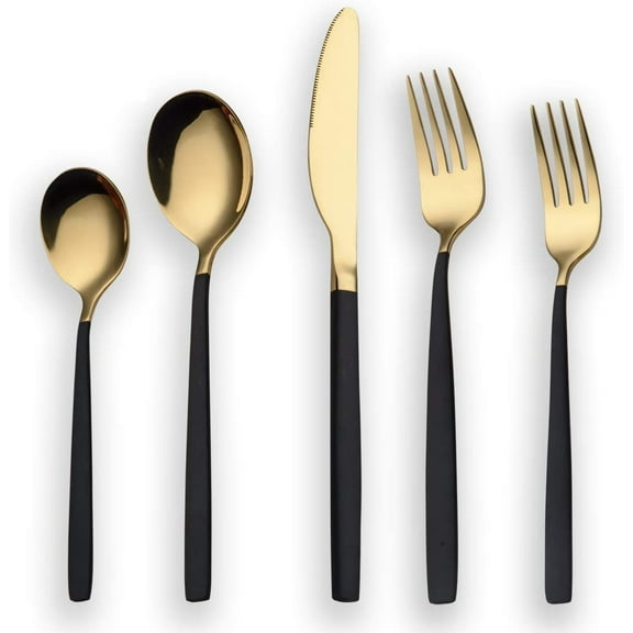 20 Piece Titanium Black and Gold Plated Stainless Steel Flatware Set , Sliverware Cutlery Set Service for 4, Mirror Polished