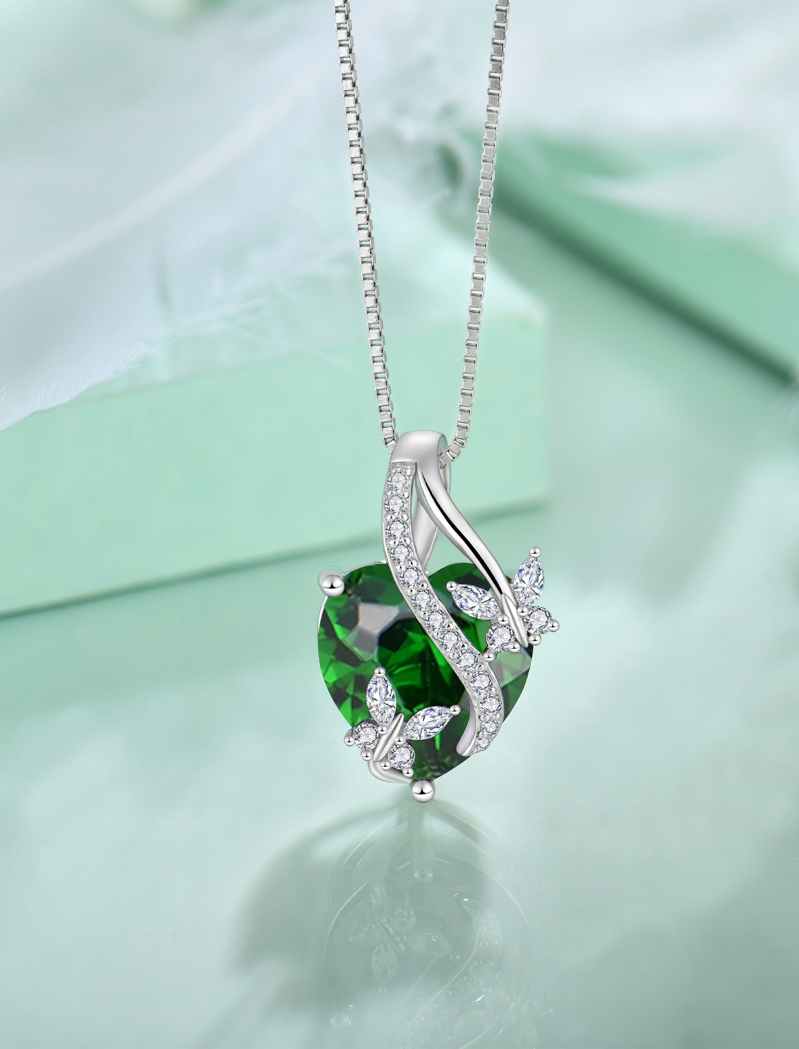 VESITIM Infinite Heart Pendant Sterling Silver Butterfly Necklace for Women Jewelry Gift with Birthstone May Created Emerald