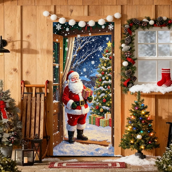 CaiYueKe Christmas Door Curtain Santa Claus Snowman Design, Holiday Door Cover for Wall Hanging, Festive Party Decoration, Seasonal Indoor Outdoor Xmas Decor for Home Entrance Merry Christmas 35"x71"