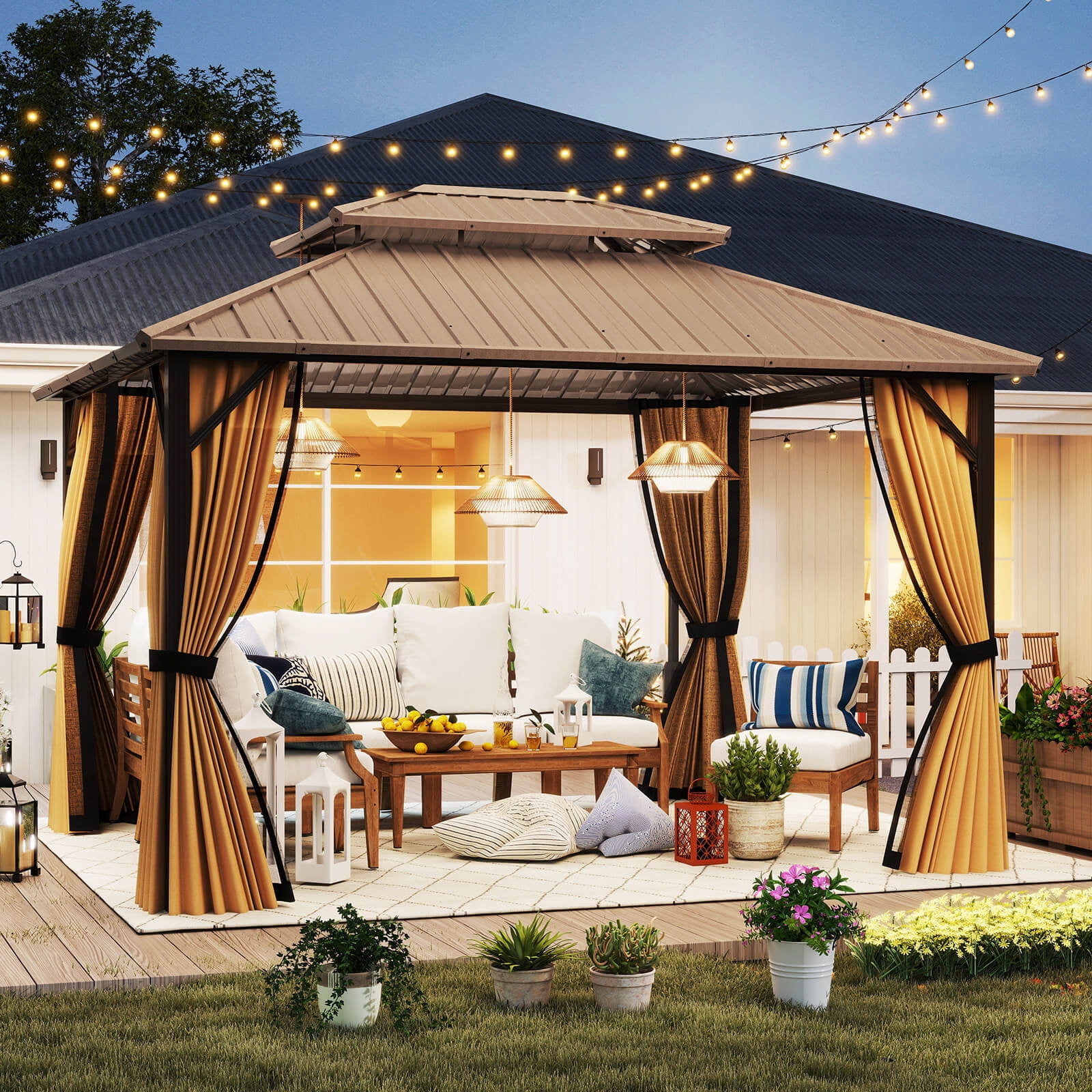Costway 12 x 10 FT Hardtop Gazebo with Netting Heavy-Duty Double-Roof Galvanized Metal Top
