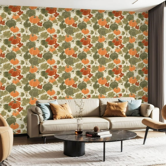 Peel and Stick Wallpaper Contact Paper Fall pumpkins leaves Graphic autumn elements Hand drawn Self Adhesive and Removable 24in x 118in